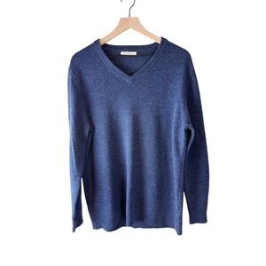 WoolOvers Mens Blue 100% Lambswool V-Neck Sweater Size L L2MA Fine Knit Pullover